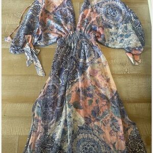 Misa Los Angeles Yaseman Floral Patchwork Maxi Dress in Blue and Pink